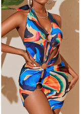 Mundefeis Belted Backless Off Shoulder Beachwear Dress (Blue Multi) KH2384