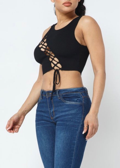 Hera Collection Diagonal Lace Crop Top (Black) 22487