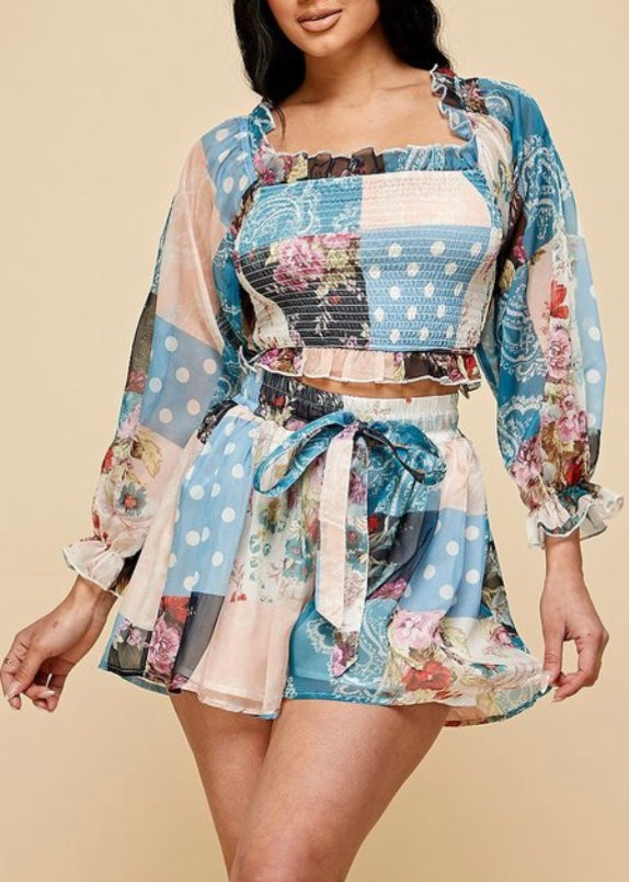 Alamia Floral Patchwork Chiffon Outline Crop Top & Flare Short Set (Blue) SP1005