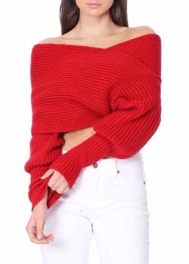 Yemak Off The Shoulder Long Sleeve Wrap Sweater Shawl (Red) KC003