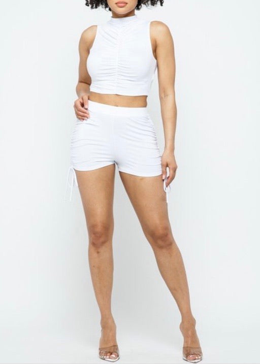 Love J Mock Neck Sleeveless Crop Top & Short Set (White) TT2583-B