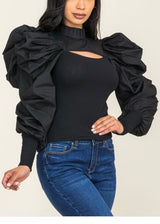 Ma Cherie Puff Long Sleeve Rib Cotton Top (Black) MT2450