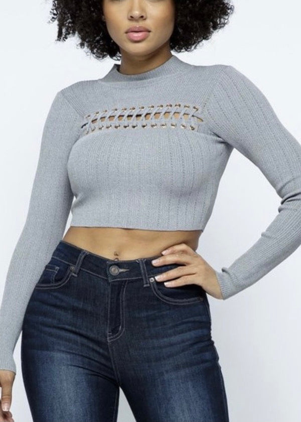 Hera Collection Mock Neck Across Lace Crop Top (Heather Grey)