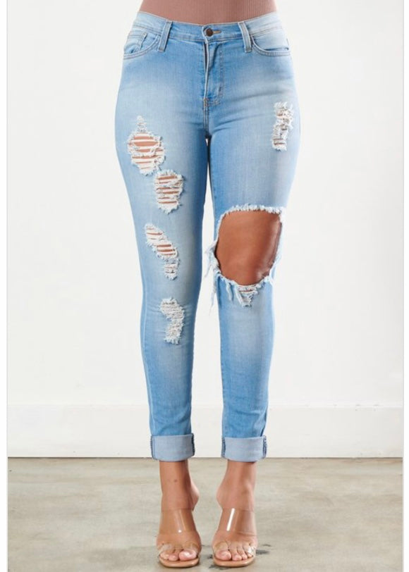 Vibrant Freebird Destroyed Skinny Jeans (Medium Stone) P803