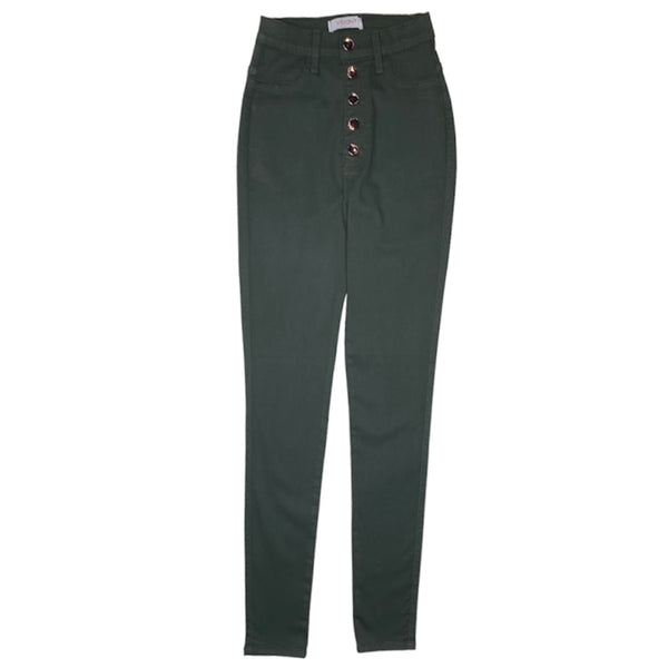 Vibrant High Rise Button Fly Skinny Jeans (Hunter Green) P1242