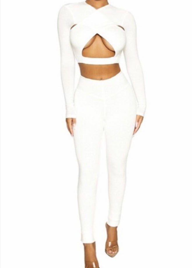 The Way Open Cross Top & Leggings Set (White) TWG6394