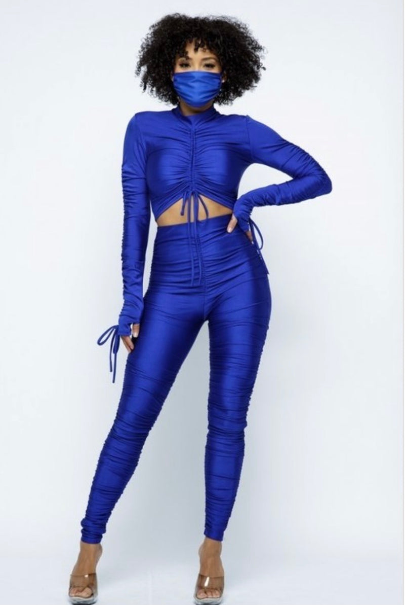 Belita Collection Long SLv Shirred Mock Neck Pant Set W/ Mask (Royal)