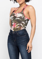 Love J Power Mesh Camo Foral Square Neck Bodysuit (Camo) TB7947