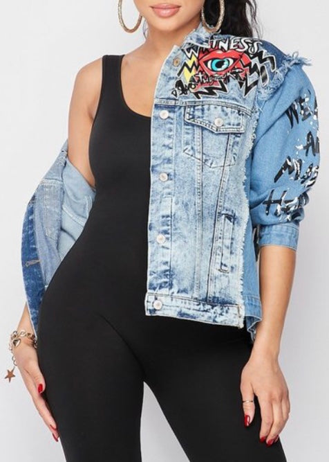 2bme Fashion Distressed Hem Graphic Print Denim Jacket (Denim) 60017