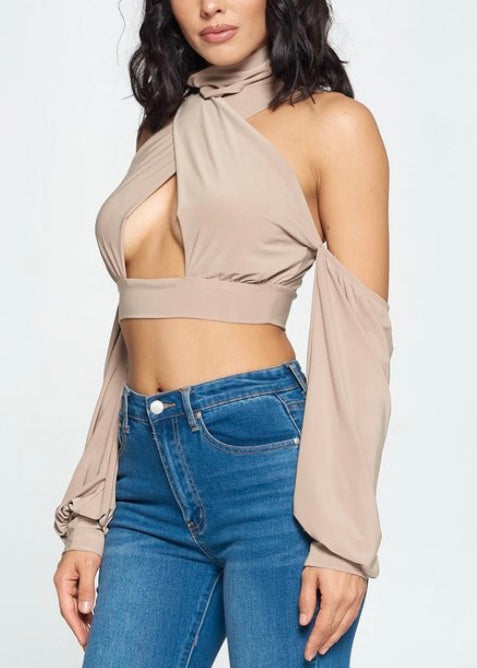 WinWin Wrap Turtle Neck Cold Shoulder Crop Top (Stone) WT11793