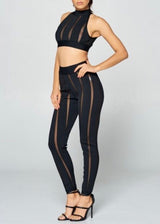 WinWin Mesh Panel Halter Neck Crop Top & Long Pants Set (Black) WTP8796