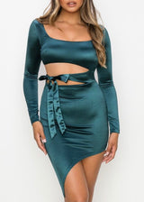 Privy Satin Waist Ribbon Tie Asymmetrical Bodycon Dress (Teal) PD71390N