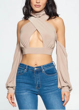 WinWin Wrap Turtle Neck Cold Shoulder Crop Top (Stone) WT11793