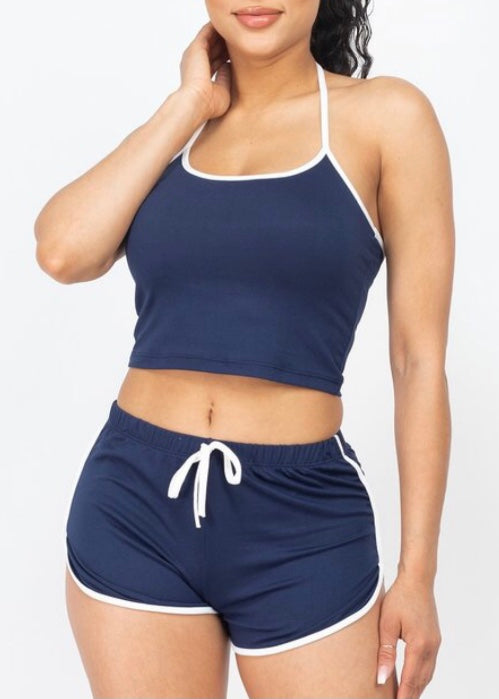 Capella Halter Neck Sleeveless Top & Shorts Activewear Set (Navy) BTP3193