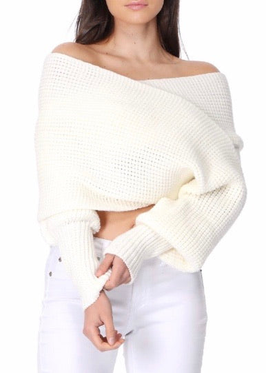 Yemak Off The Shoulder Long Sleeve Wrap Sweater Shawl (Ivory) KC003