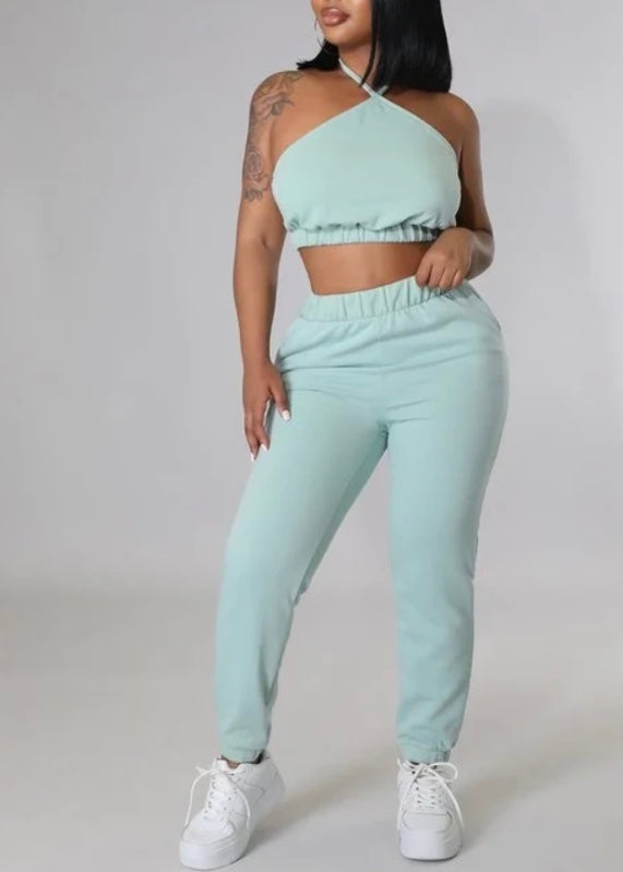 Blashe Halter Tank & Jogger Pants Set (Light Sage) 2C-SET03344