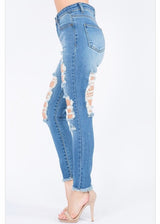 American Bazi High Waist Distressed Thigh Skinny Jeans (Blue) TJH-6090