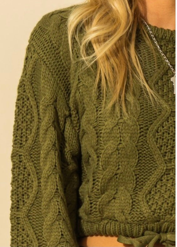 Double Zero Cable Knit Drawstring Hem Crop Sweater (Olive) DZ21G647