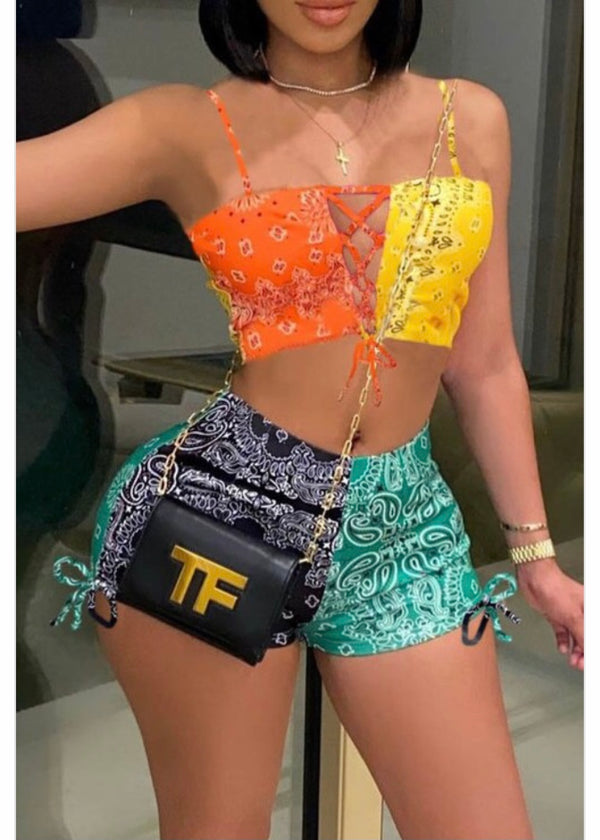 E-Show Bandana Sleveless Crop Top & Short Set (Orange/Yellow) DN9446