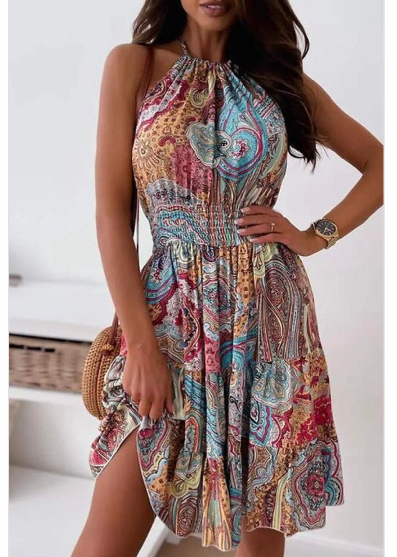 Fashion Noma Baroque Print Halter Backless Vintage Dress (Multi) KH5306