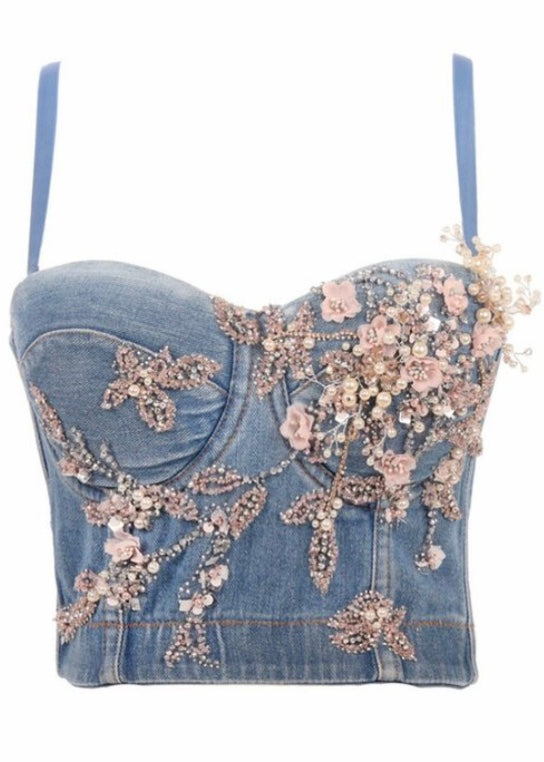 SJK Fashion Flower Jewel Corset Top (Blue Denim) T50408