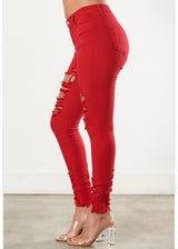 Vibrant Raw Edges Skinny Jeans (Red) P1213