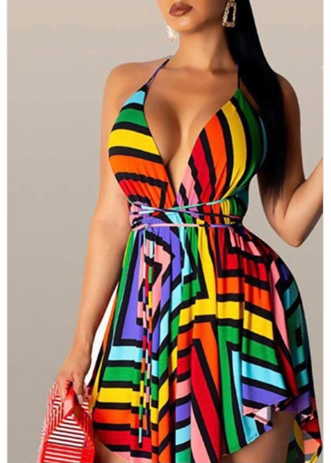 Mundefeis V-Neck Backless Colorful Striped Irregular Dress (Multicolor) HF8439