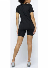 Daisy Solid V Neck Short Sleeve Top T Shirt & Biker Shorts Set (Black)