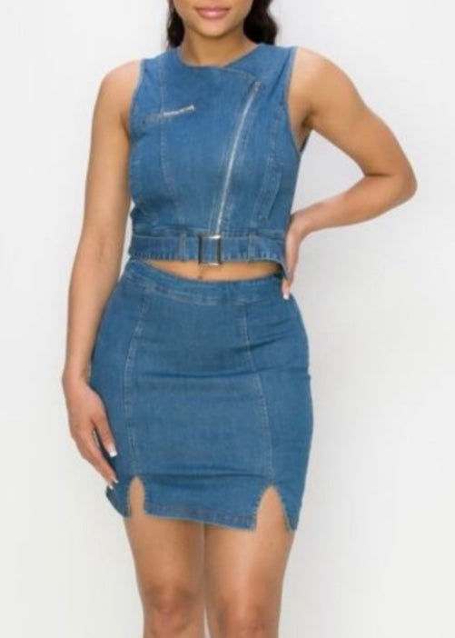 Denim Blvd Sleeveless Crop Top & Pencil Skirt Set (Med Blue) DB213TESBD