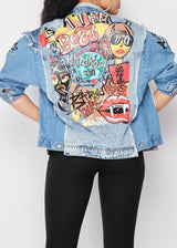 2bme Fashion Distressed Hem Graphic Print Denim Jacket (Denim) 60017