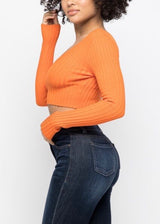 Hera Collection Long Sleeve V-Neck Off Shoulder Crop Top (Orange) 21915