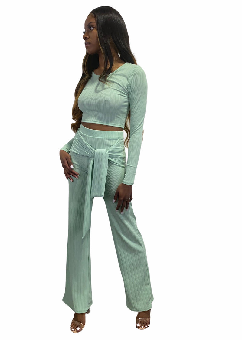 Miss California Piano Rib Long Sleeve Top & Tie Front Pants Set (Sage) A9278