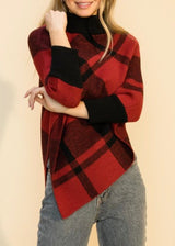 Double Zero High Neck Asymmetrical Hem Poncho Sweater (Red) DZ21G600