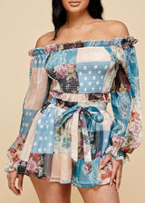 Alamia Floral Patchwork Chiffon Outline Crop Top & Flare Short Set (Blue) SP1005