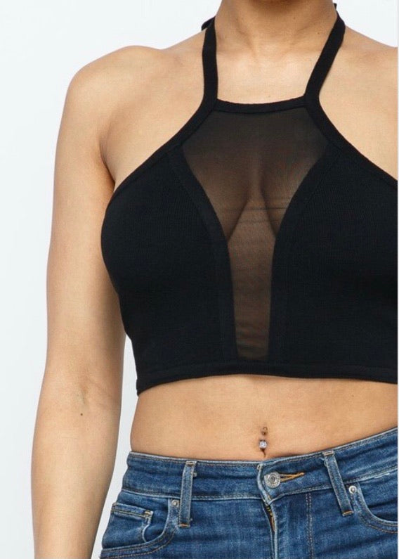 Hera Collection Halter Neck Mesh Center Crop Top (Black) 22453