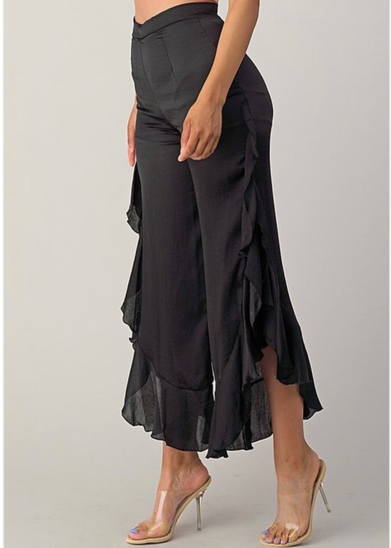 Primi Satin Stretch Ruffle Pants (Black) P3147