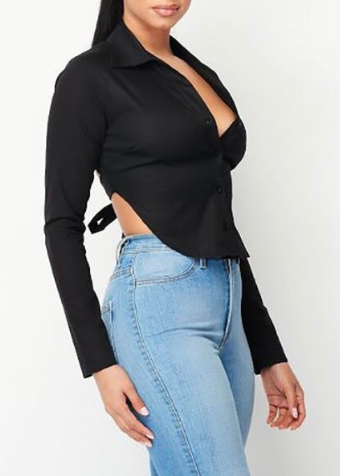 Red Velvet Open Back Button Down Top (Black) AT8430