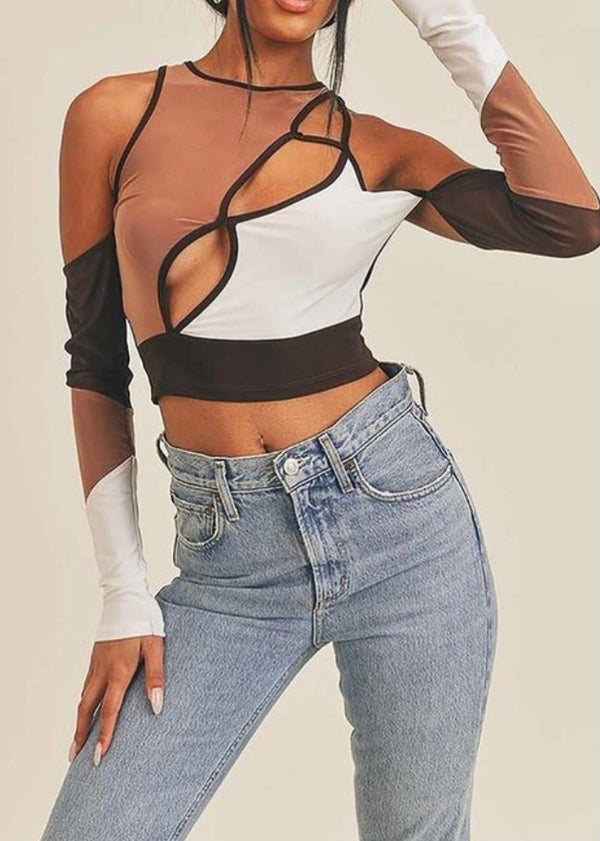 WinWin Long Sleeve Crop Top (Brown/White) WT13582