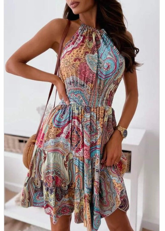 Fashion Noma Baroque Print Halter Backless Vintage Dress (Multi) KH5306