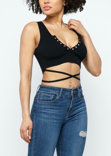 Hera Collection Wrap Around Button Crop Top (Black) 22459