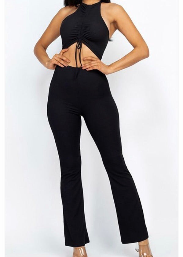 Capella Ruched Front Crop Top & Bootcut Pants Set (Black) BTP3160