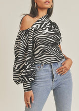 WinWin Cold Shoulder Single Sleeve Zebra Print Top (Black/White) WT13962