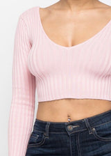 Hera Collection Long Sleeve V-Neck Off Shoulder Crop Top (Blush) 21915