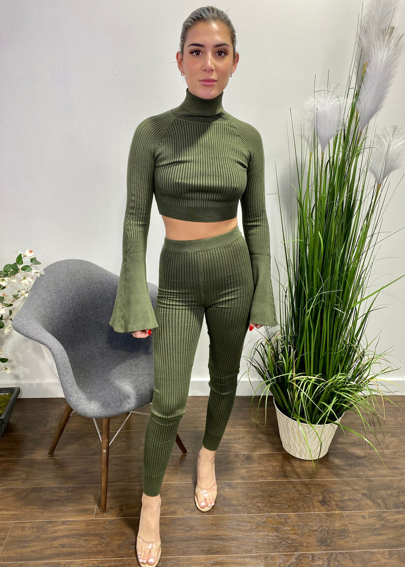 Hera Collection Turtleneck Flare Sleeve Legging Set (Olive) 22321