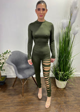 Belita Long Sleeve Lazer Cut Leg Detail Jumpsuit (Olive) SBJ1261