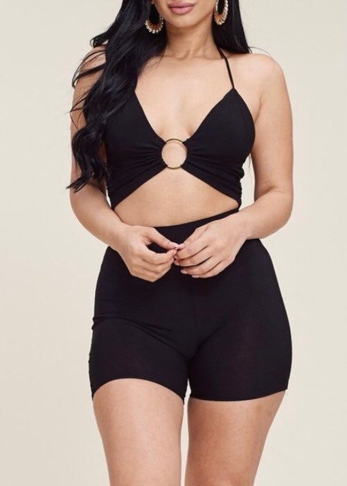 Miss California Ity O Ring Halter Bra Top & Shorts Set (Black) A9362