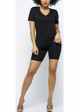 Daisy Solid V Neck Short Sleeve Top T Shirt & Biker Shorts Set (Black)