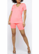 Daisy Solid V Neck Short Sleeve Top T Shirt & Biker Shorts Set (Neon Coral)