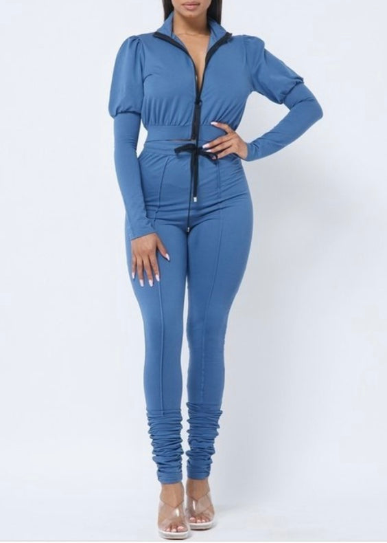 Capsulle Puff Sleeve Cropped Top and Skinny Pants Set (Blue) CC2054