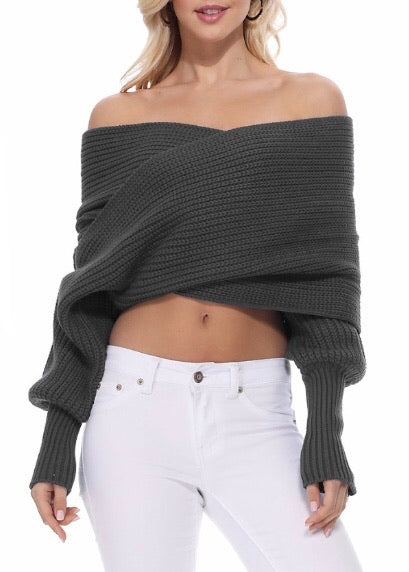 Yemak Off The Shoulder Long Sleeve Wrap Sweater Shawl (Charcoal) KC003